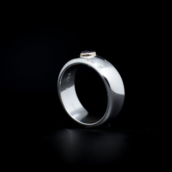 Serpico - Gemstone Ring Sterling Silver 925 Iolite 3mm Round 7.5x2.5mm Wide Band 9 Carat Bezel Men's Women's