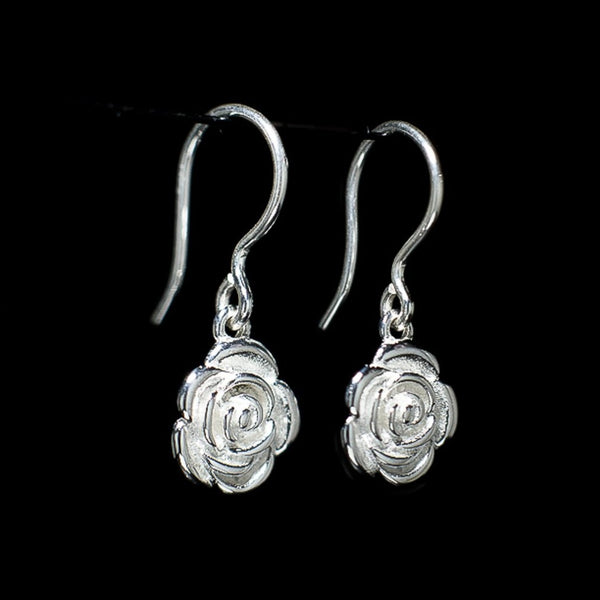 Rose - Earring Sterling Silver 925 Carved Floral 3D Secure Hook
