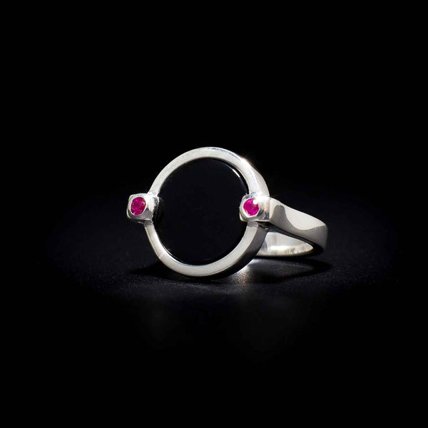 Gemstone Ring Sterling Silver 925 12mm Onyx 2mm Pink Tourmaline Bezel Set Comfort fit 