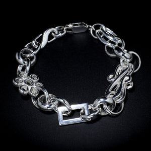 Link Bracelet - Sterling Silver 925  Unique & Solid Mixed Carved Shapes Secure 925 Parrot Clasp Handmade