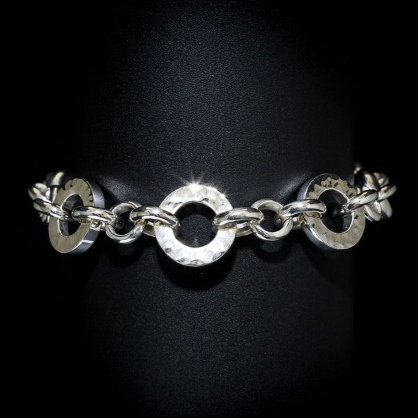 Oasis- Link bracelet in Sterling Silver 925 Solid 15mm Round Hammer Polished Links Parrot Clasp