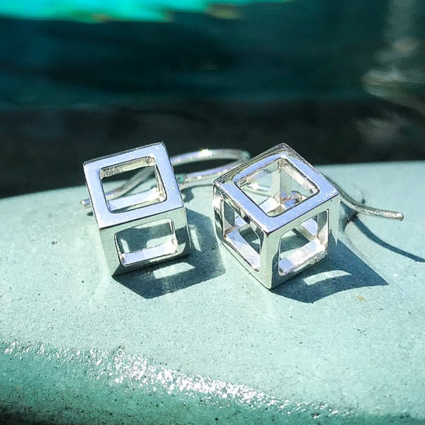 Cube - Earring Sterling Silver 925 Geometric Cubism Square Hook