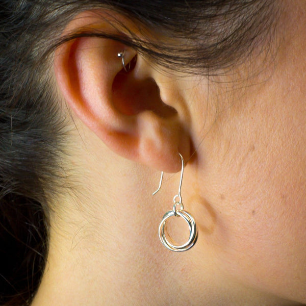 Helixium - Earring Sterling Silver 925 3 Interwoven Join 14mm Spin Handmade Secure Hook