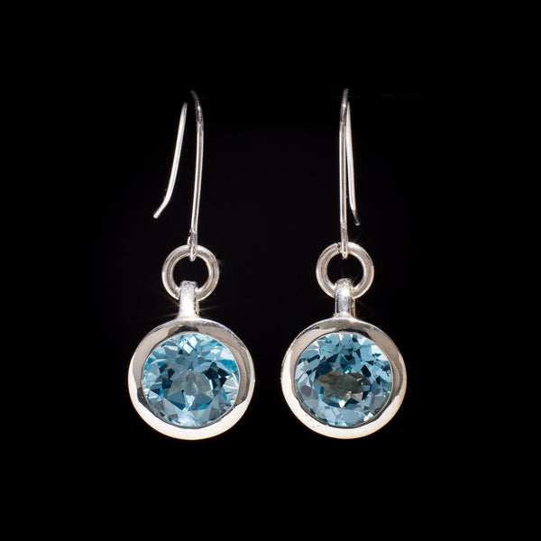 Satellite - Gemstone Earring Sterling Silver 925 10mm Round Blue Topaz Prasiolite Bezel Set Secure Hook