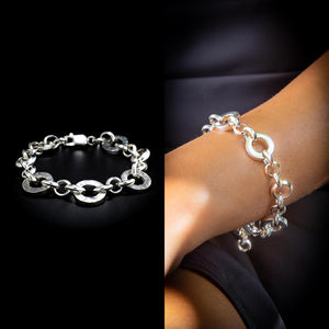 Oasis- Link bracelet in Sterling Silver 925 Solid 15mm Round Hammer Polished Links Parrot Clasp